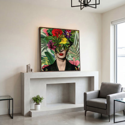 Frida-Inspired Floral Portrait Canvas Art, Square Format in dark walnut floating frame