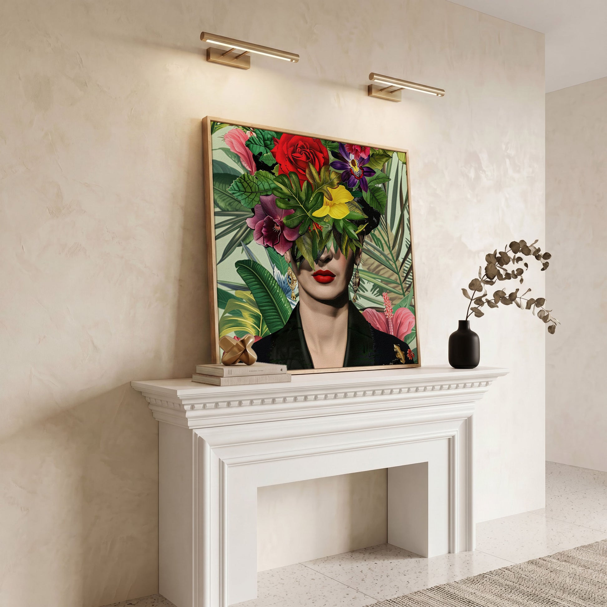 Frida-Inspired Floral Portrait Canvas Art, Square Format in white oak floating frame