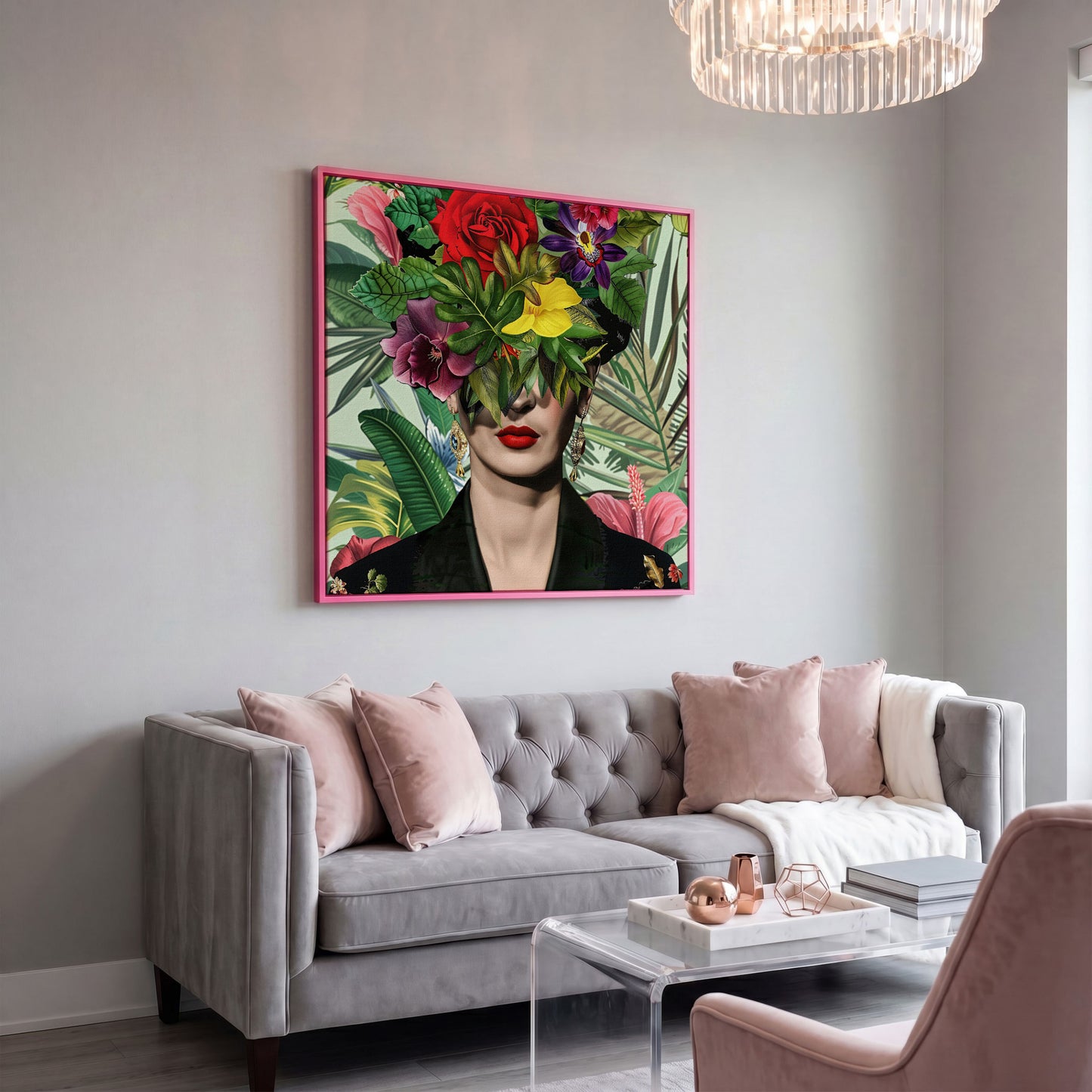 Frida-Inspired Floral Portrait Canvas Art, Square Format in pink floating frame
