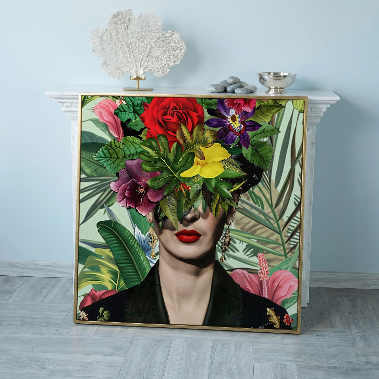 Frida-Inspired Floral Portrait Canvas Art, Square Format in rose gold floating frame