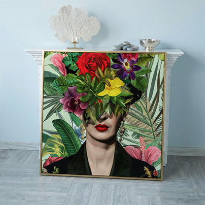 Frida-Inspired Floral Portrait Canvas Art, Square Format in rose gold floating frame