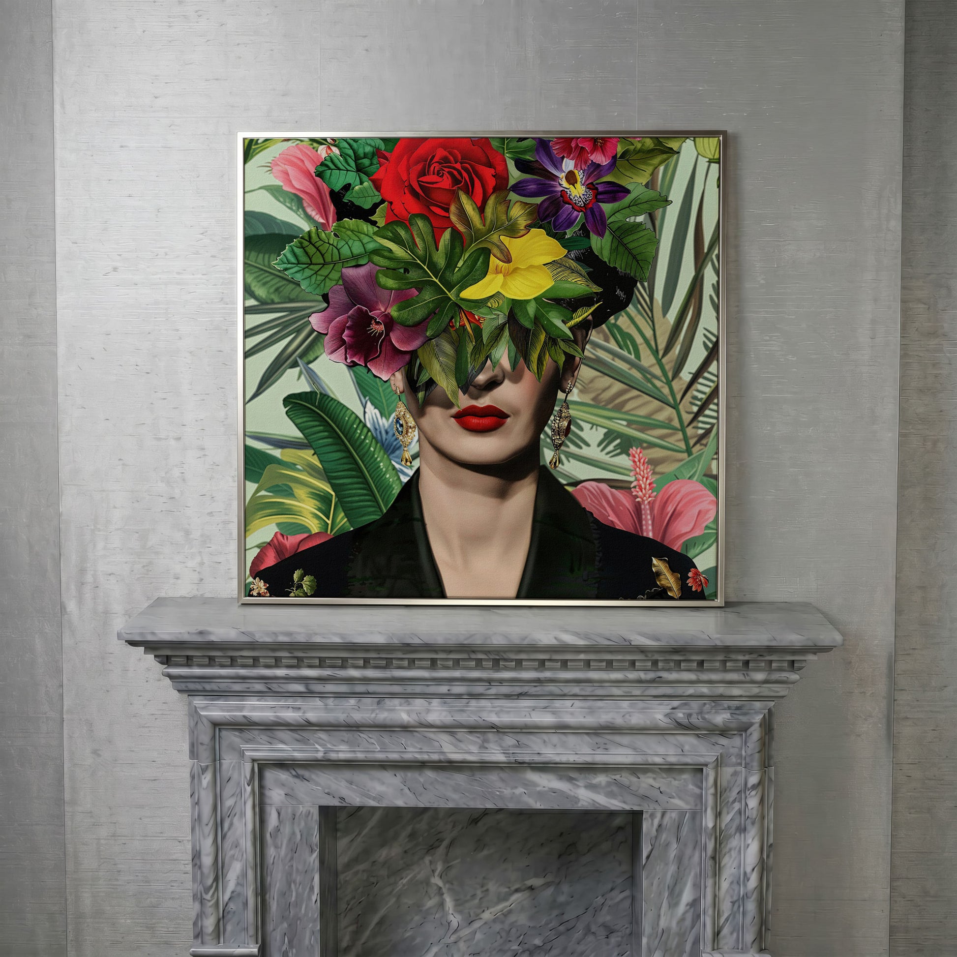Frida-Inspired Floral Portrait Canvas Art, Square Format in silver floating frame