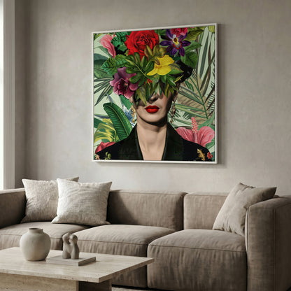 Frida-Inspired Floral Portrait Canvas Art, Square Format in white floating frame