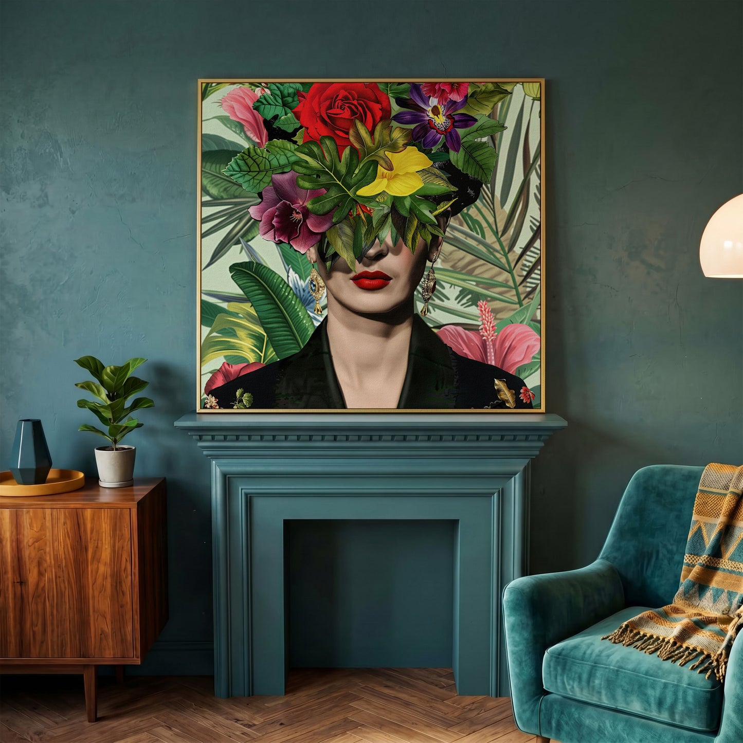 Frida-Inspired Floral Portrait Canvas Art, Square Format in yellow gold floating frame