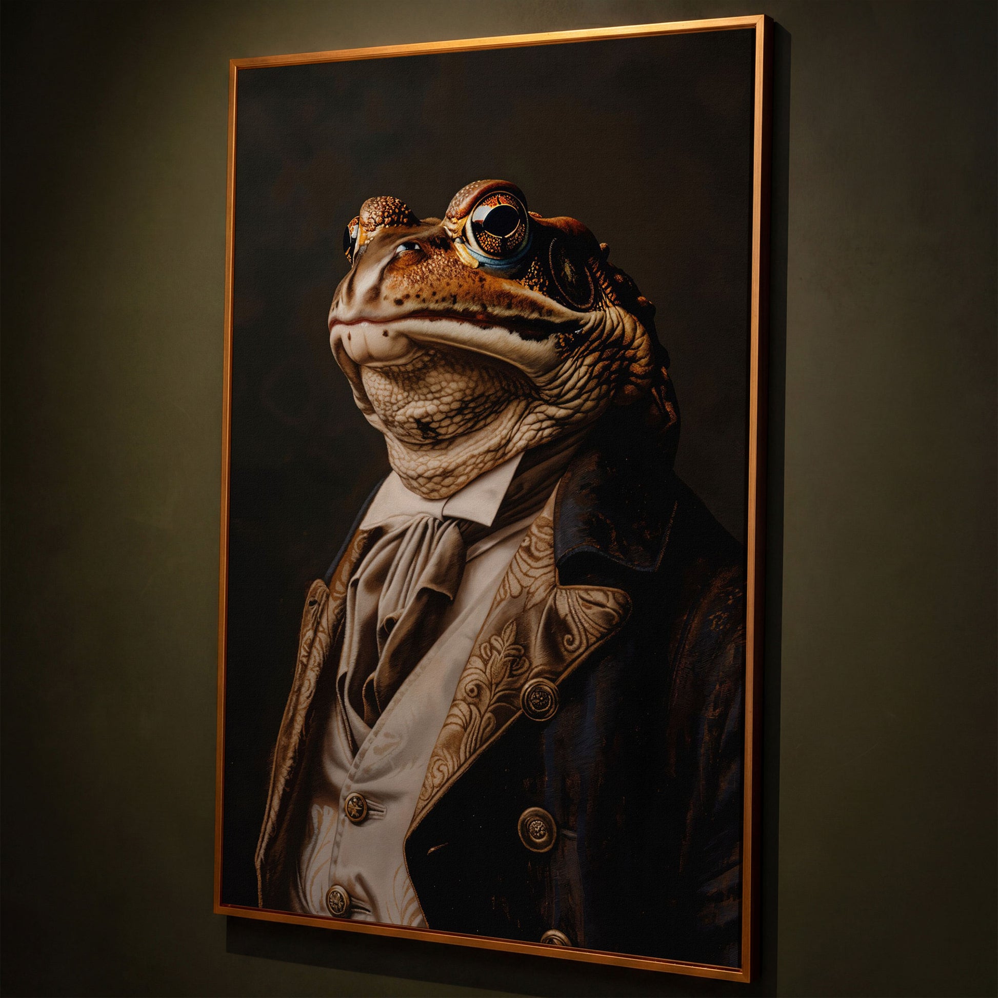 Victorian Frog Portrait Canvas shown in antique gold floating frame