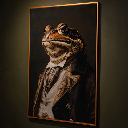 Victorian Frog Portrait Canvas shown in antique gold floating frame
