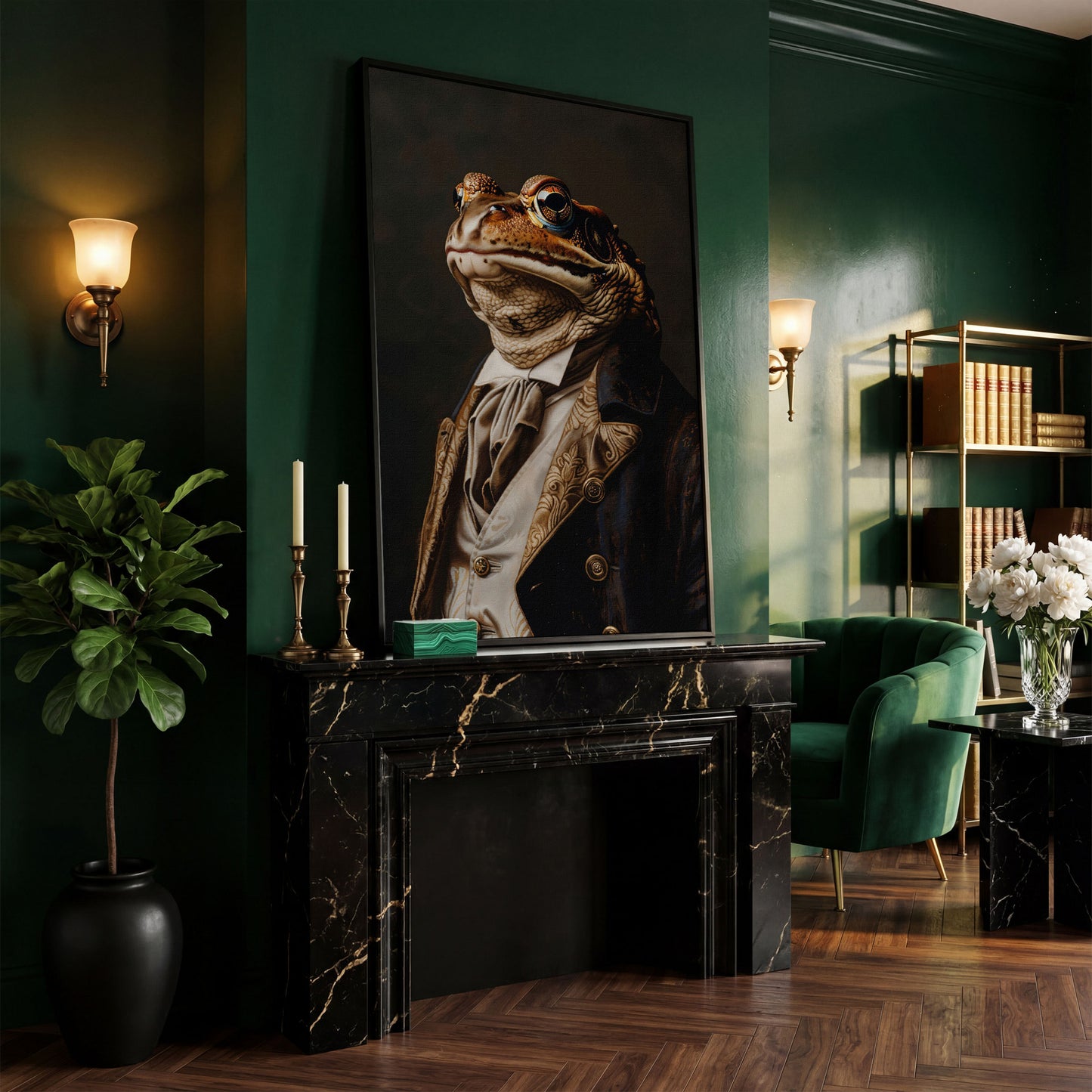 Victorian Frog Portrait Canvas in black floating frame