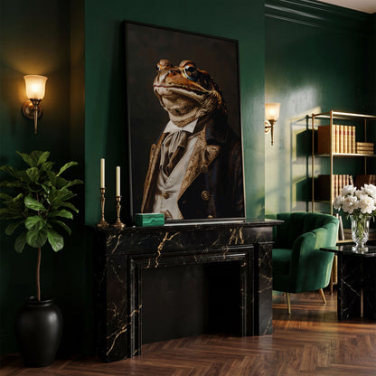 Victorian Frog Portrait Canvas in black floating frame