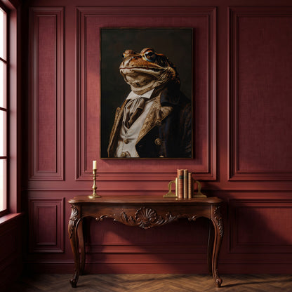 Victorian Frog Portrait Canvas in dark walnut floating frame