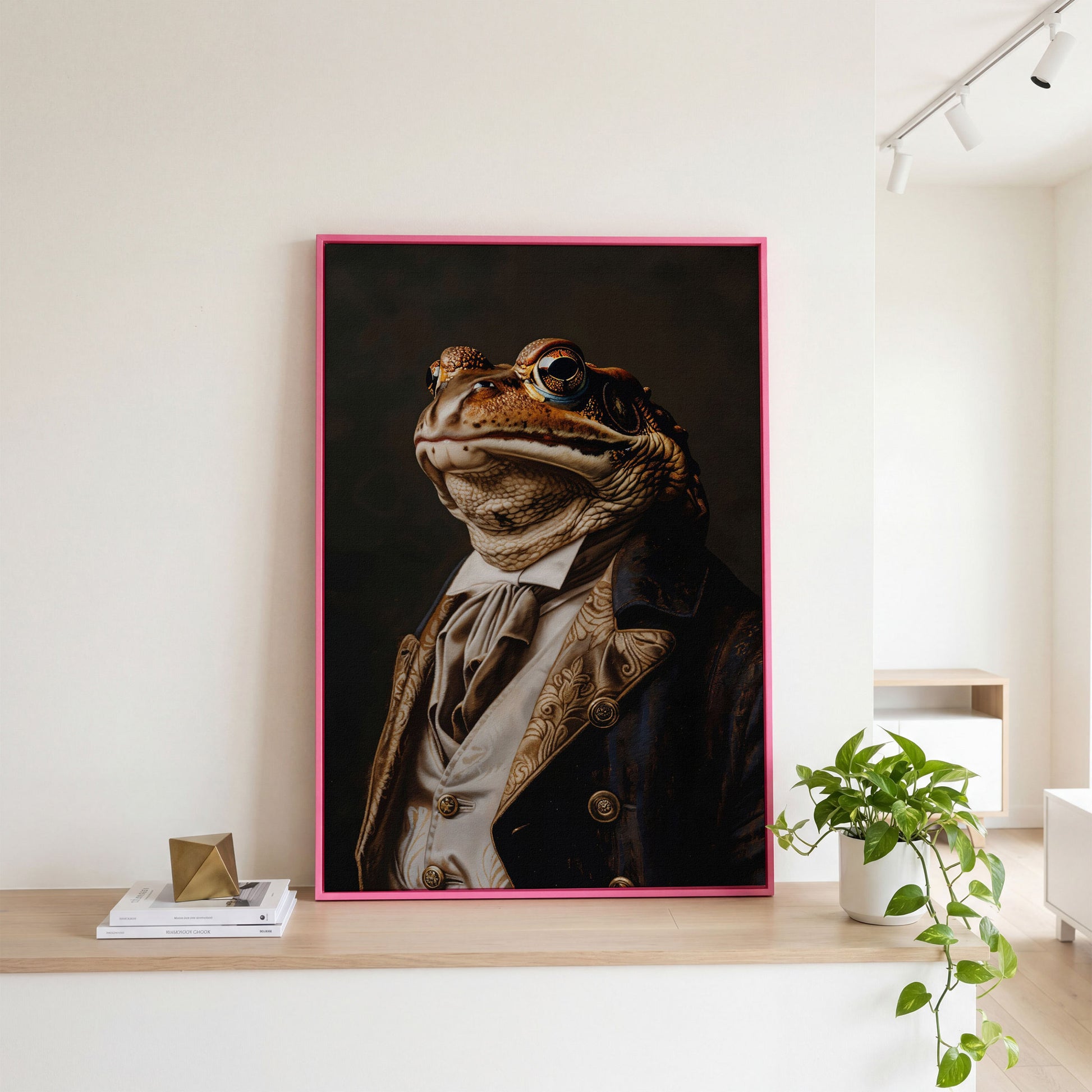 Victorian Frog Portrait Canvas in pink floating frame