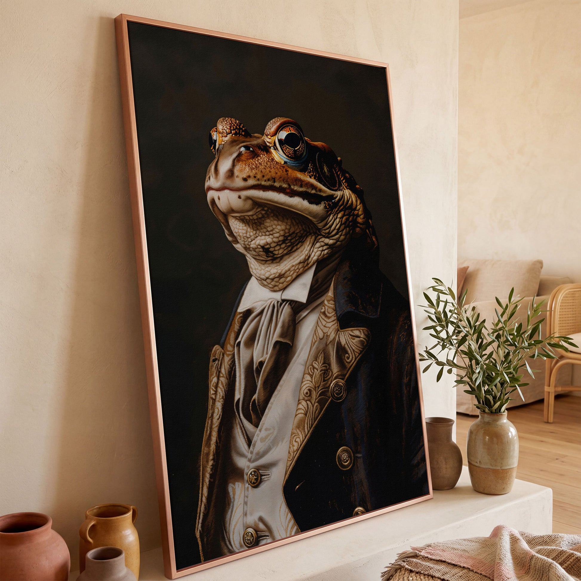 Victorian Frog Portrait Canvas in rose gold floating frame