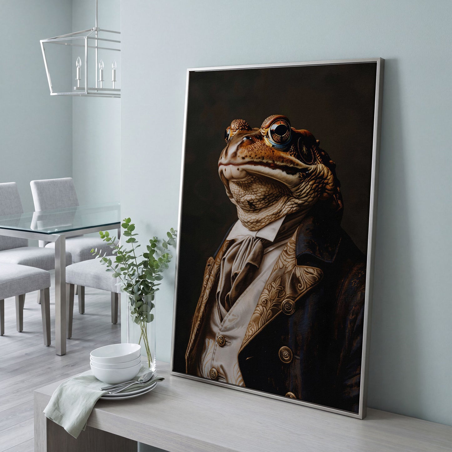 Victorian Frog Portrait Canvas in silver floating frame