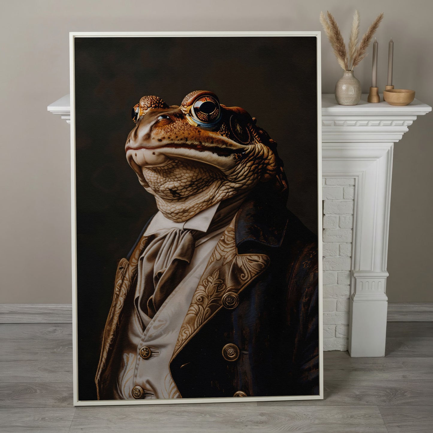 Victorian Frog Portrait Canvas in white floating frame