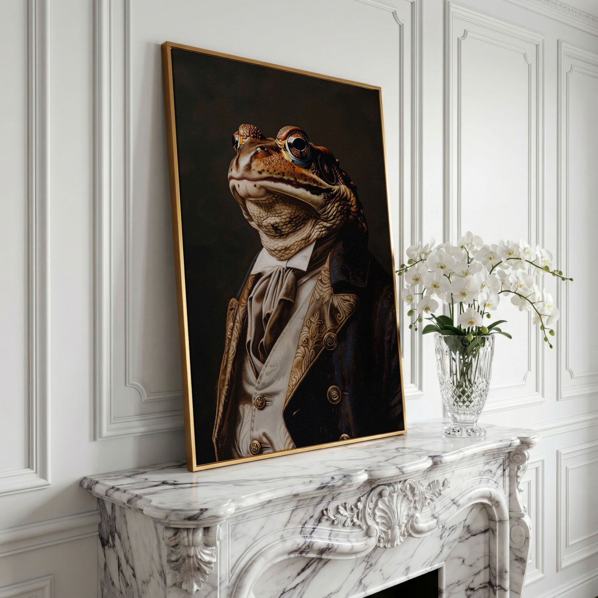 Victorian Frog Portrait Canvas in yellow gold floating frame
