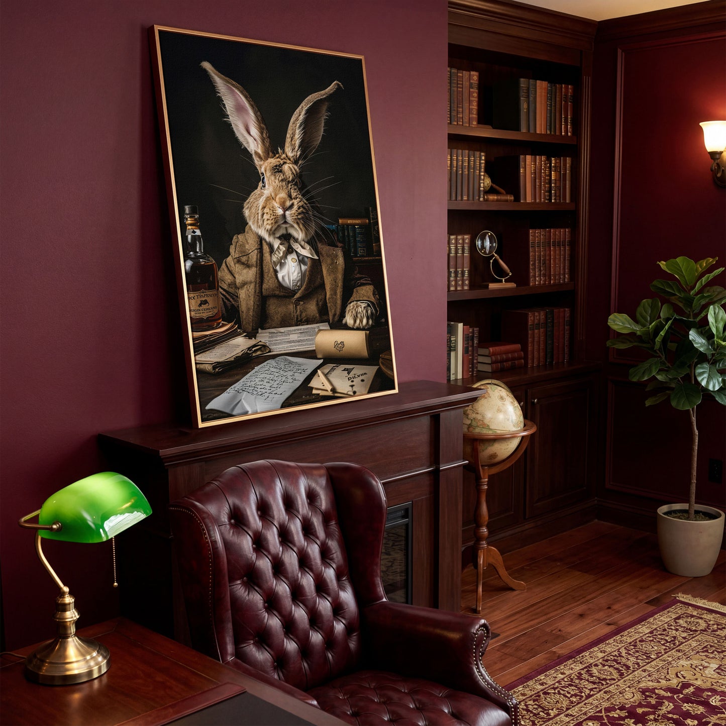 Victorian Rabbit at His Desk Canvas Print in antique gold floating frame