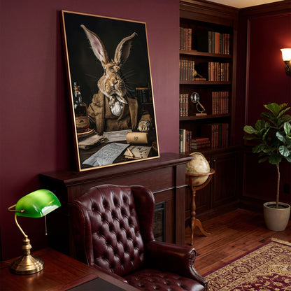 Victorian Rabbit at His Desk Canvas Print in antique gold floating frame