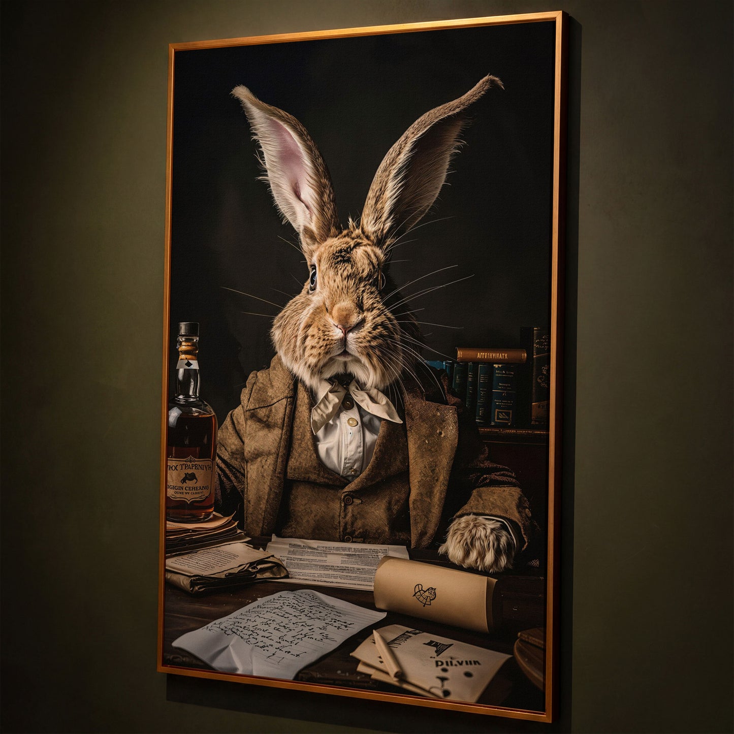 Victorian Rabbit at His Desk Canvas Print shown in antique gold floating frame