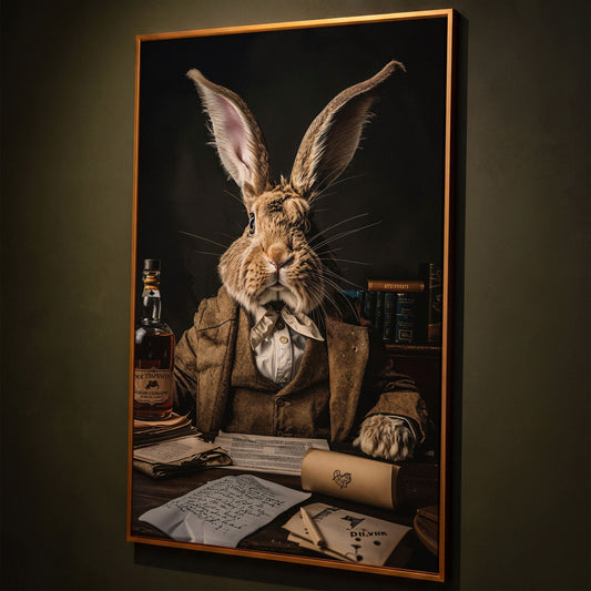 Victorian Rabbit at His Desk Canvas Print shown in antique gold floating frame