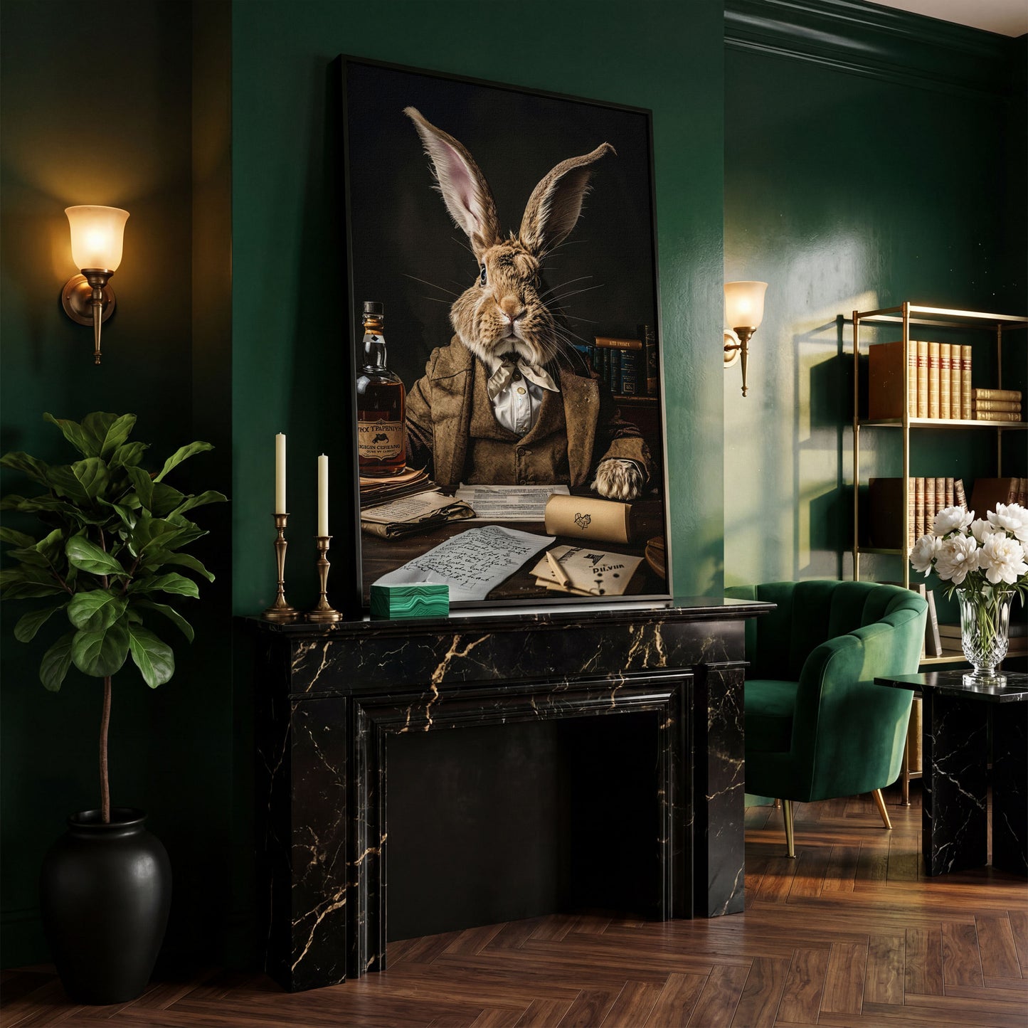 Victorian Rabbit at His Desk Canvas Print in black floating frame