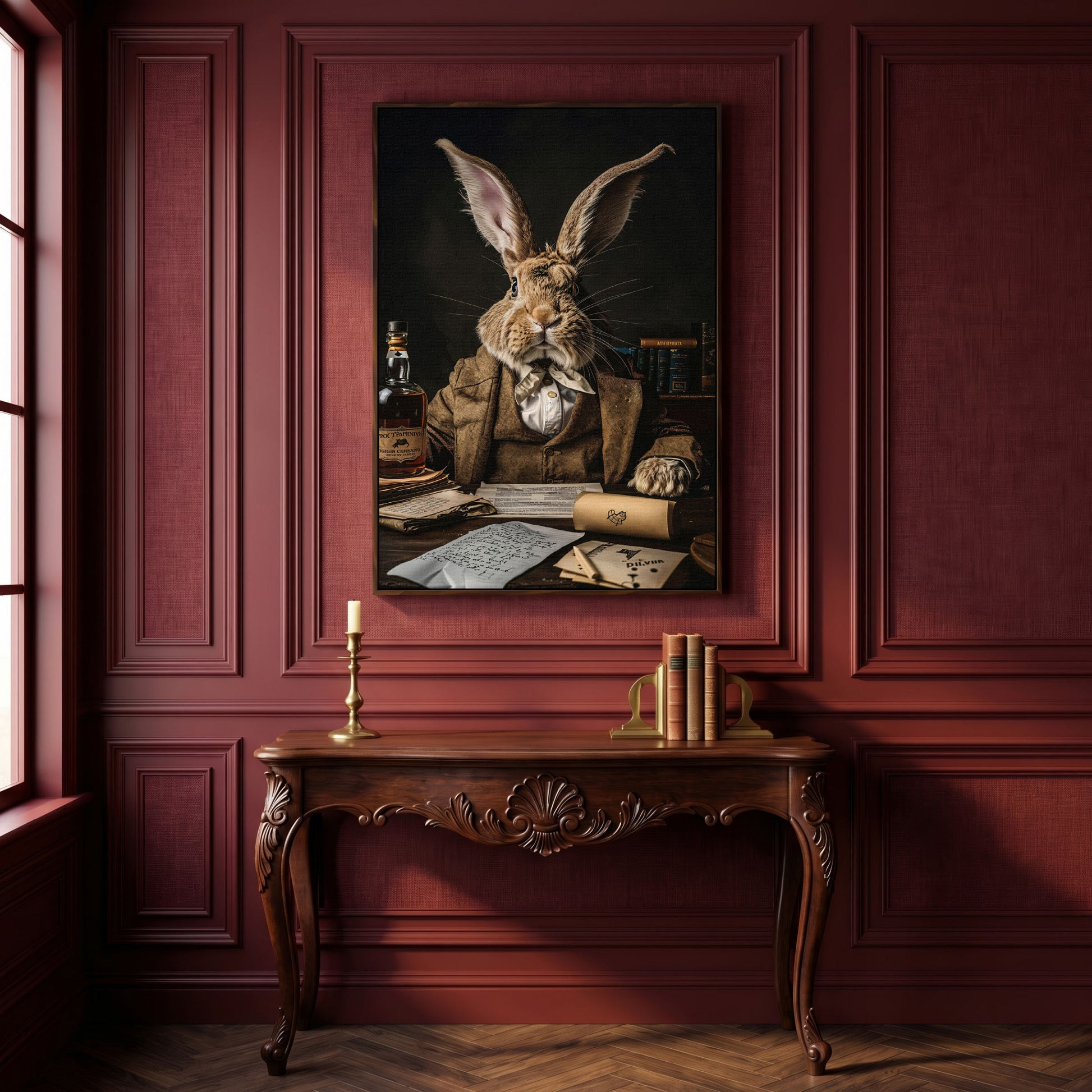 Victorian Rabbit at His Desk Canvas Print in dark walnut floating frame