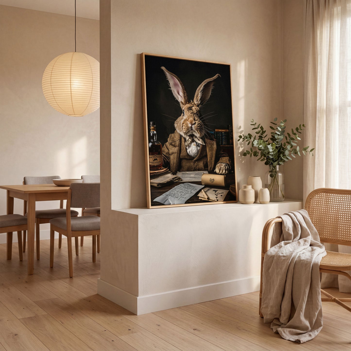 Victorian Rabbit at His Desk Canvas Print in white oak floating frame