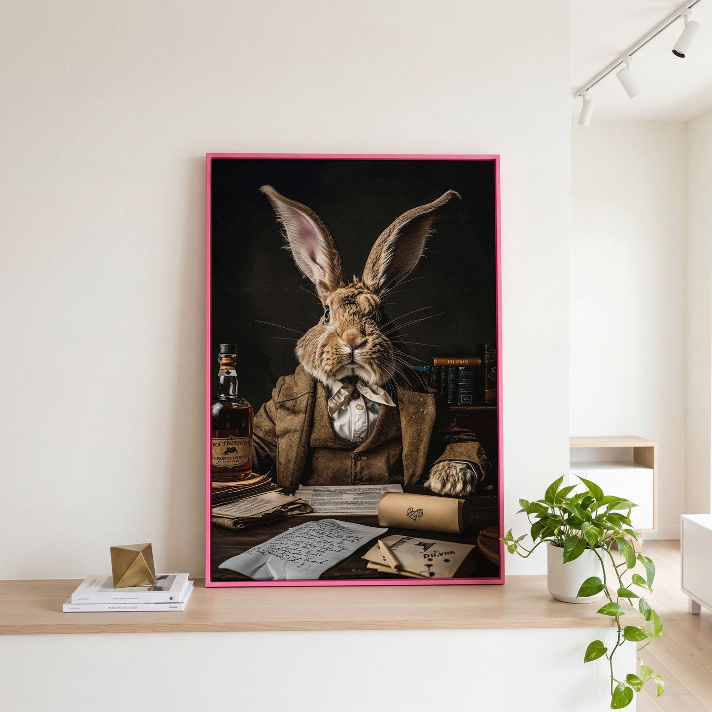 Victorian Rabbit at His Desk Canvas Print in pink floating frame
