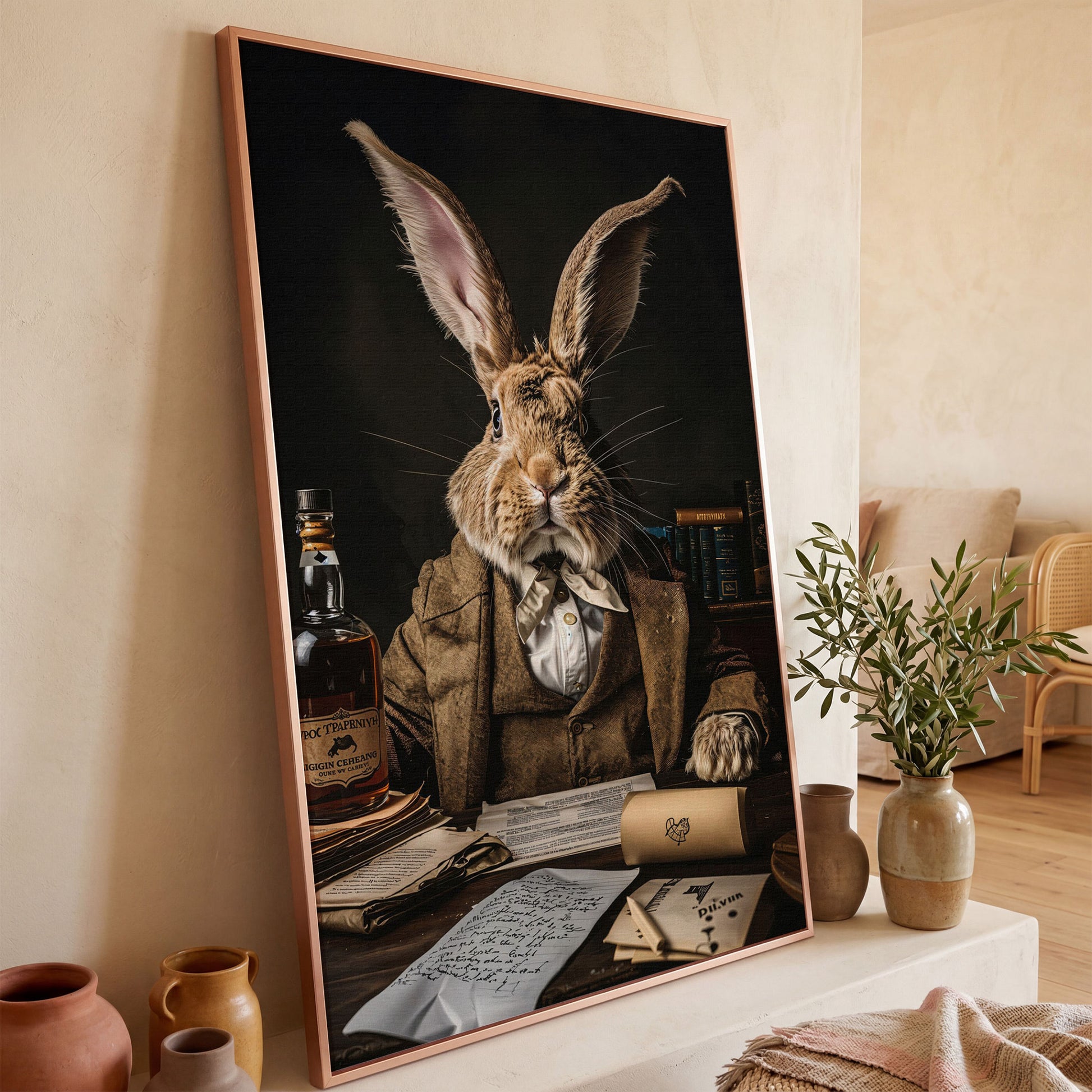 Victorian Rabbit at His Desk Canvas Print in rose gold floating frame