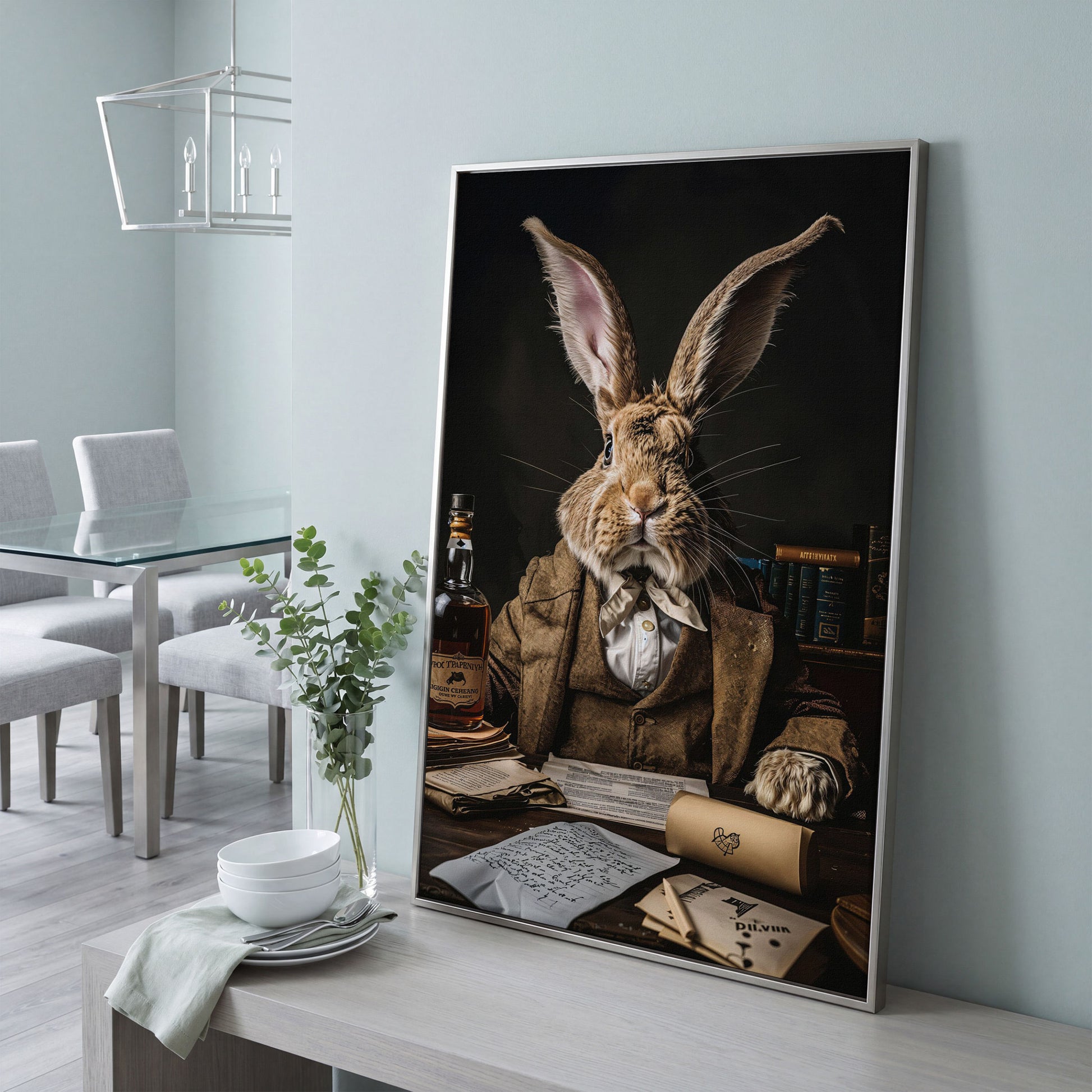 Victorian Rabbit at His Desk Canvas Print in silver floating frame