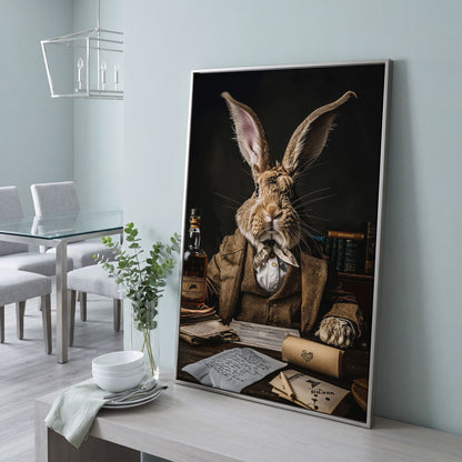 Victorian Rabbit at His Desk Canvas Print in silver floating frame