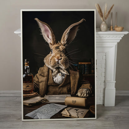 Victorian Rabbit at His Desk Canvas Print in white floating frame