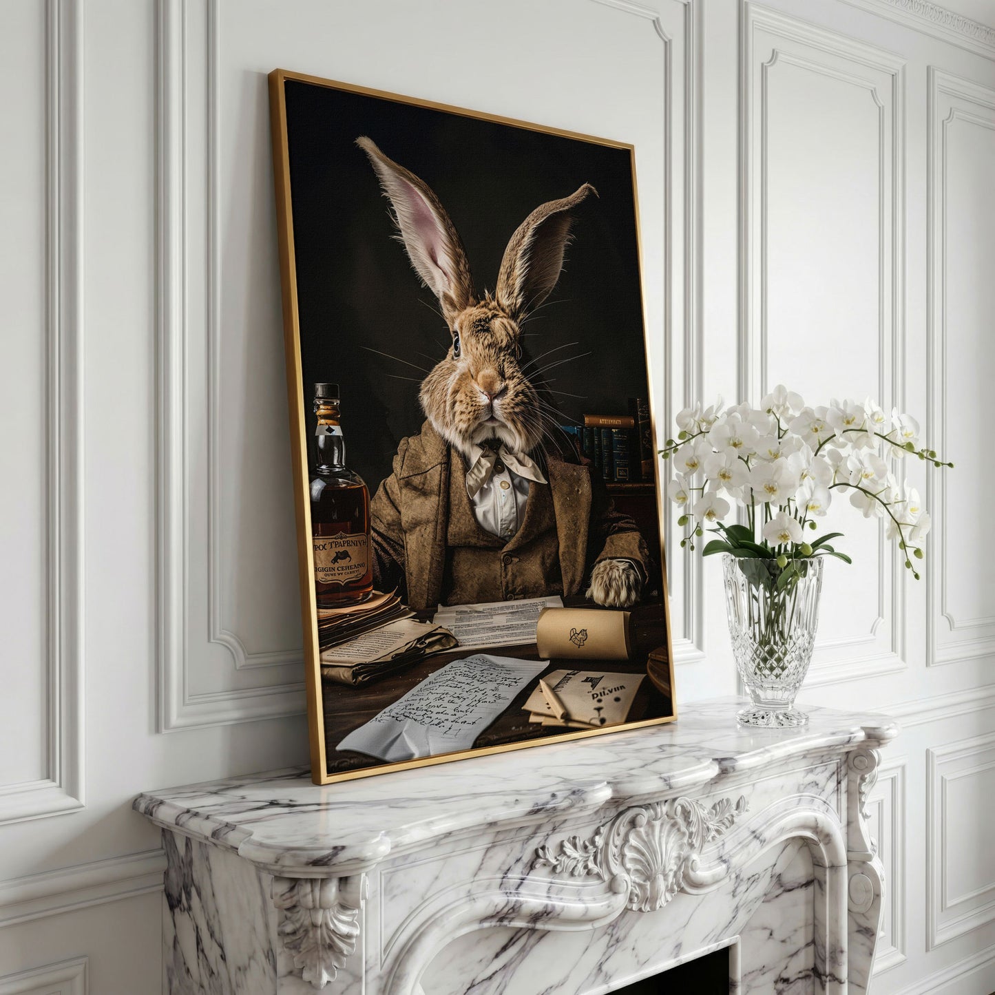Victorian Rabbit at His Desk Canvas Print in yellow gold floating frame