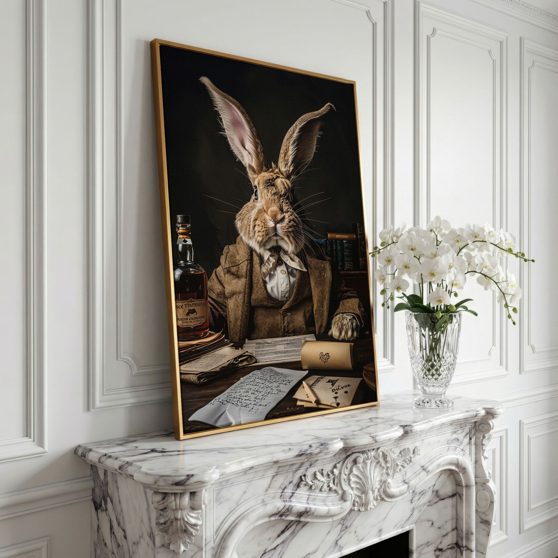 Victorian Rabbit at His Desk Canvas Print in yellow gold floating frame