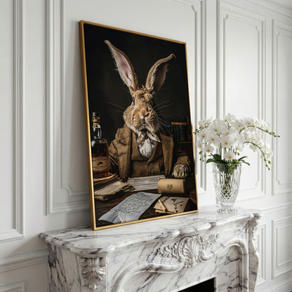 Victorian Rabbit at His Desk Canvas Print in yellow gold floating frame