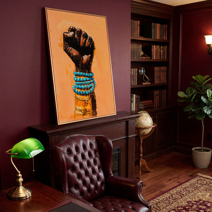 Raised Fist Canvas Print with Beaded Bracelets in antique gold floating frame