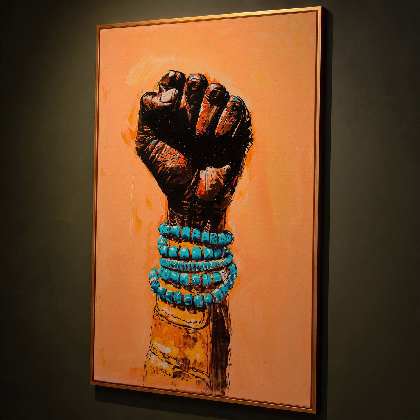 Raised Fist Canvas Print with Beaded Bracelets shown in antique gold floating frame