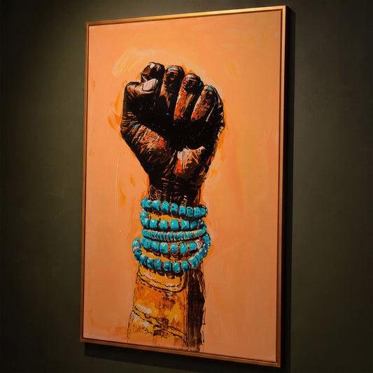 Raised Fist Canvas Print with Beaded Bracelets shown in antique gold floating frame