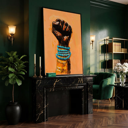 Raised Fist Canvas Print with Beaded Bracelets in black floating frame