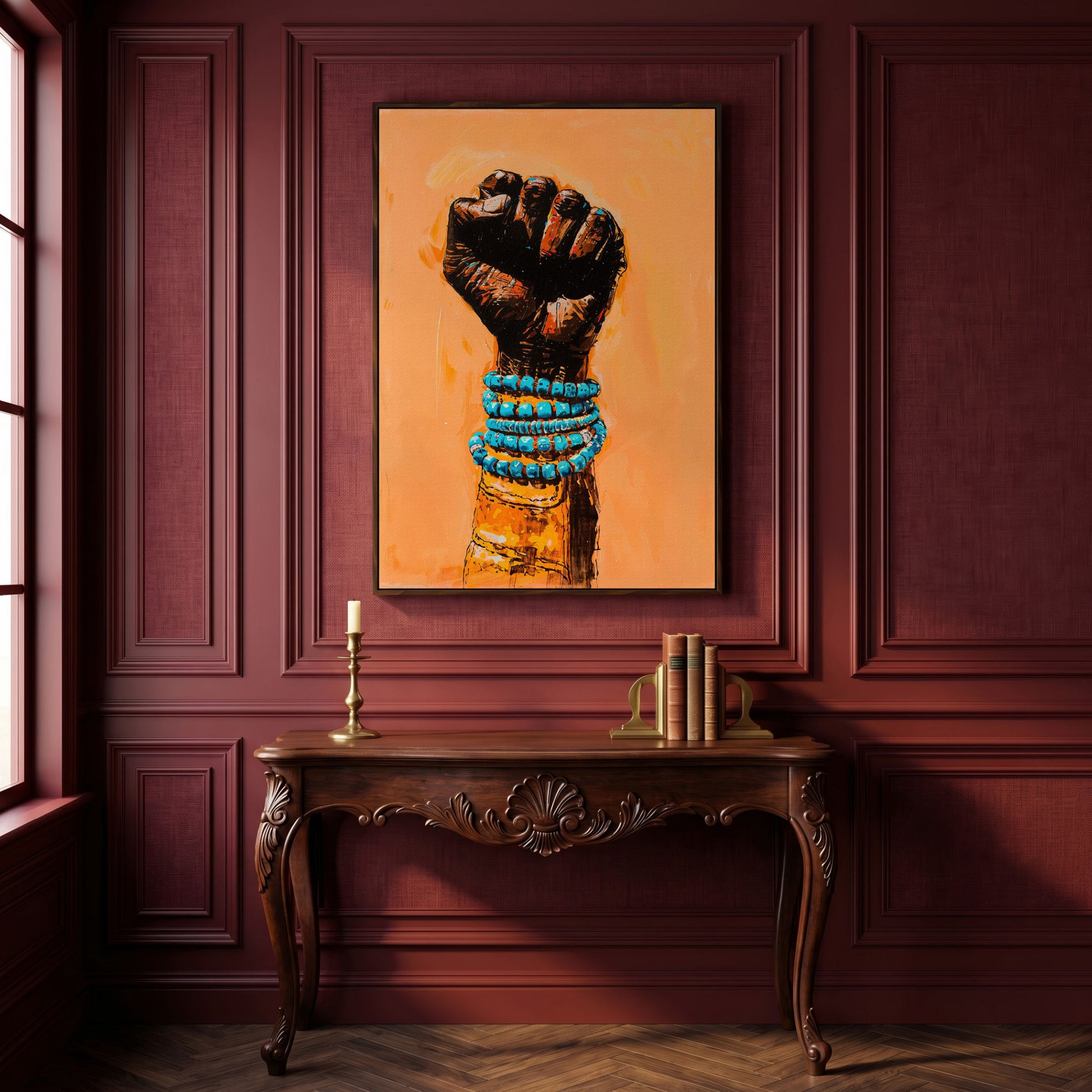 Raised Fist Canvas Print with Beaded Bracelets in dark walnut floating frame