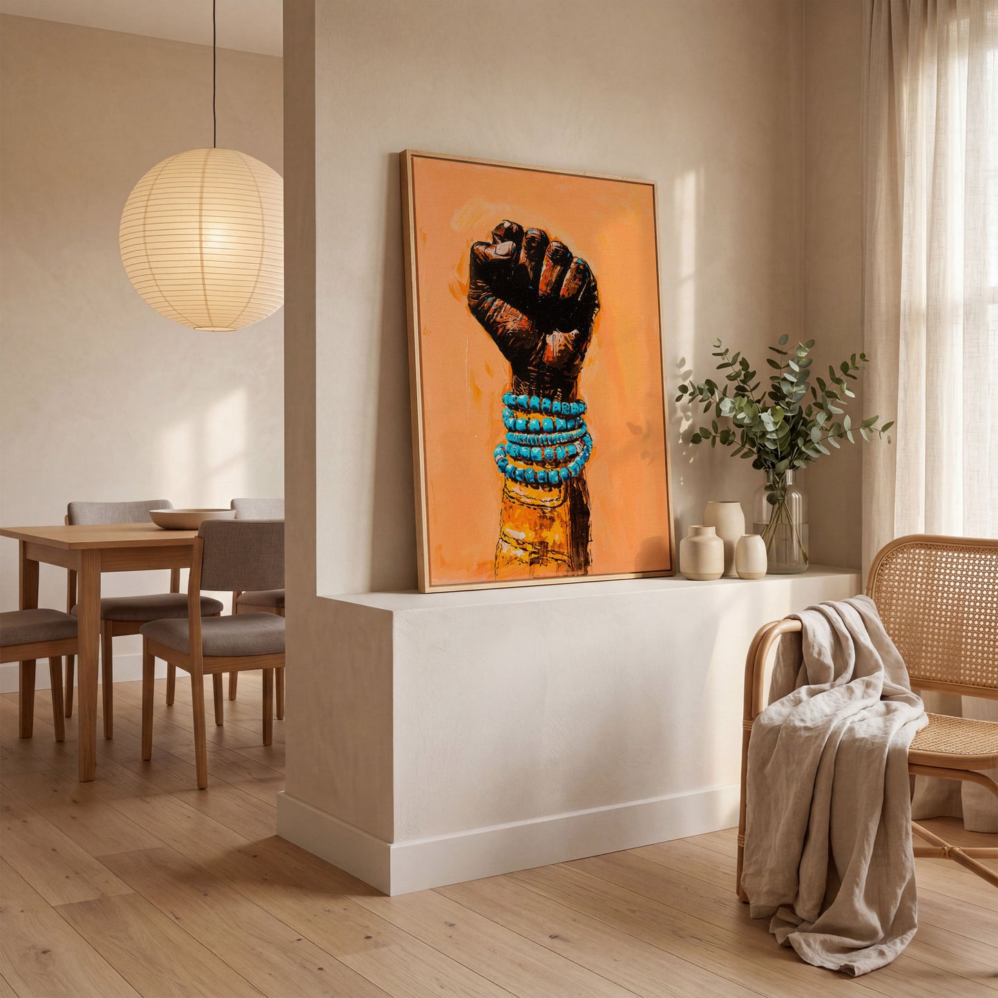 Raised Fist Canvas Print with Beaded Bracelets in white oak floating frame
