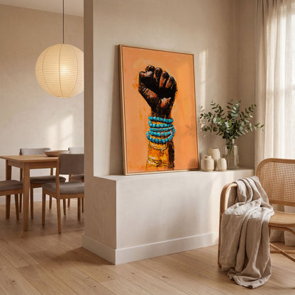 Raised Fist Canvas Print with Beaded Bracelets in white oak floating frame