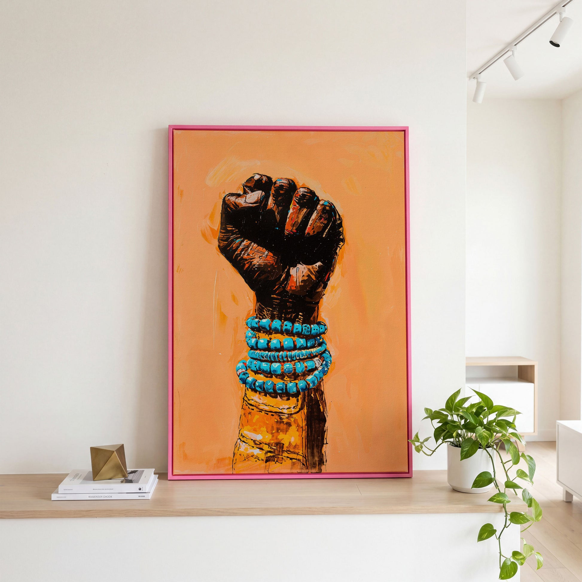 Raised Fist Canvas Print with Beaded Bracelets in pink floating frame