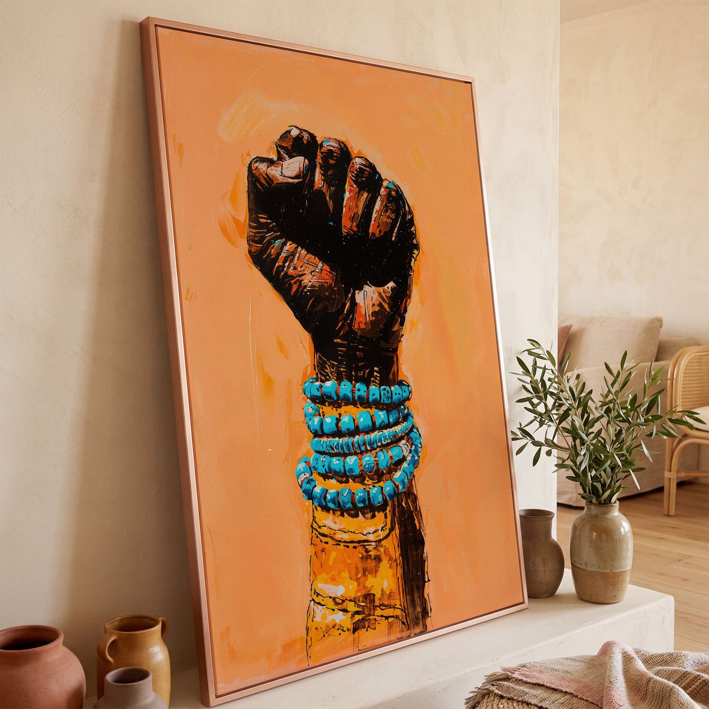 Raised Fist Canvas Print with Beaded Bracelets in rose gold floating frame