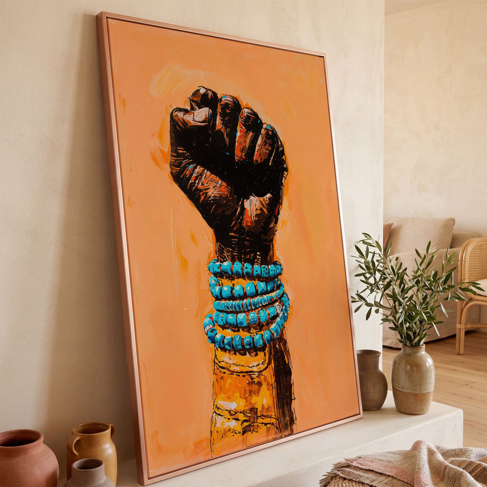 Raised Fist Canvas Print with Beaded Bracelets in rose gold floating frame