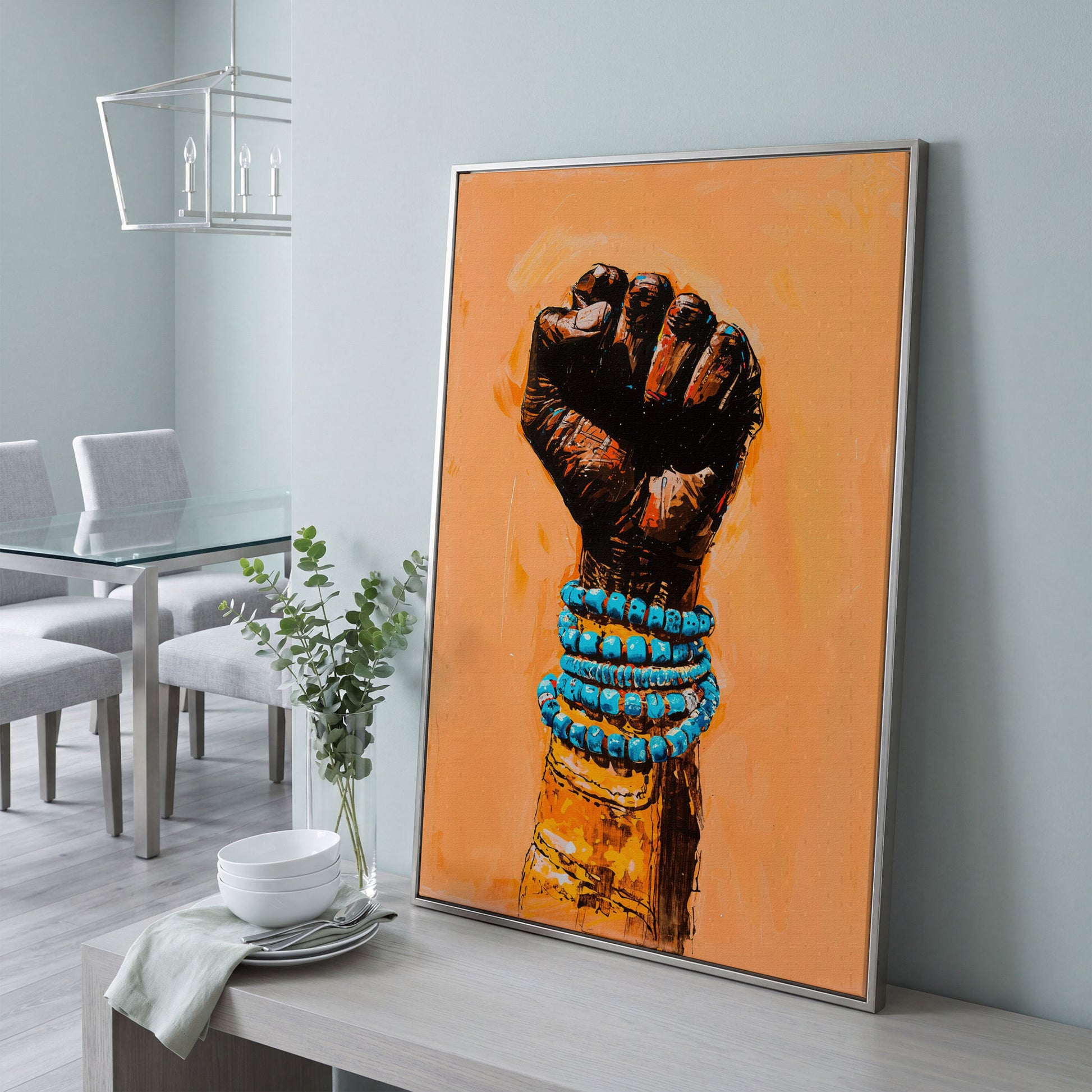 Raised Fist Canvas Print with Beaded Bracelets in silver floating frame