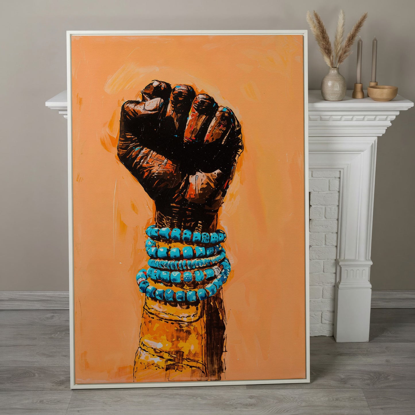 Raised Fist Canvas Print with Beaded Bracelets in white floating frame