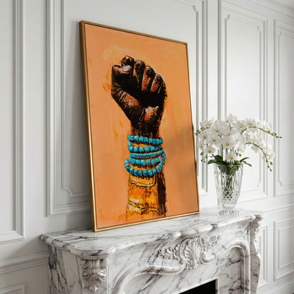 Raised Fist Canvas Print with Beaded Bracelets in yellow gold floating frame