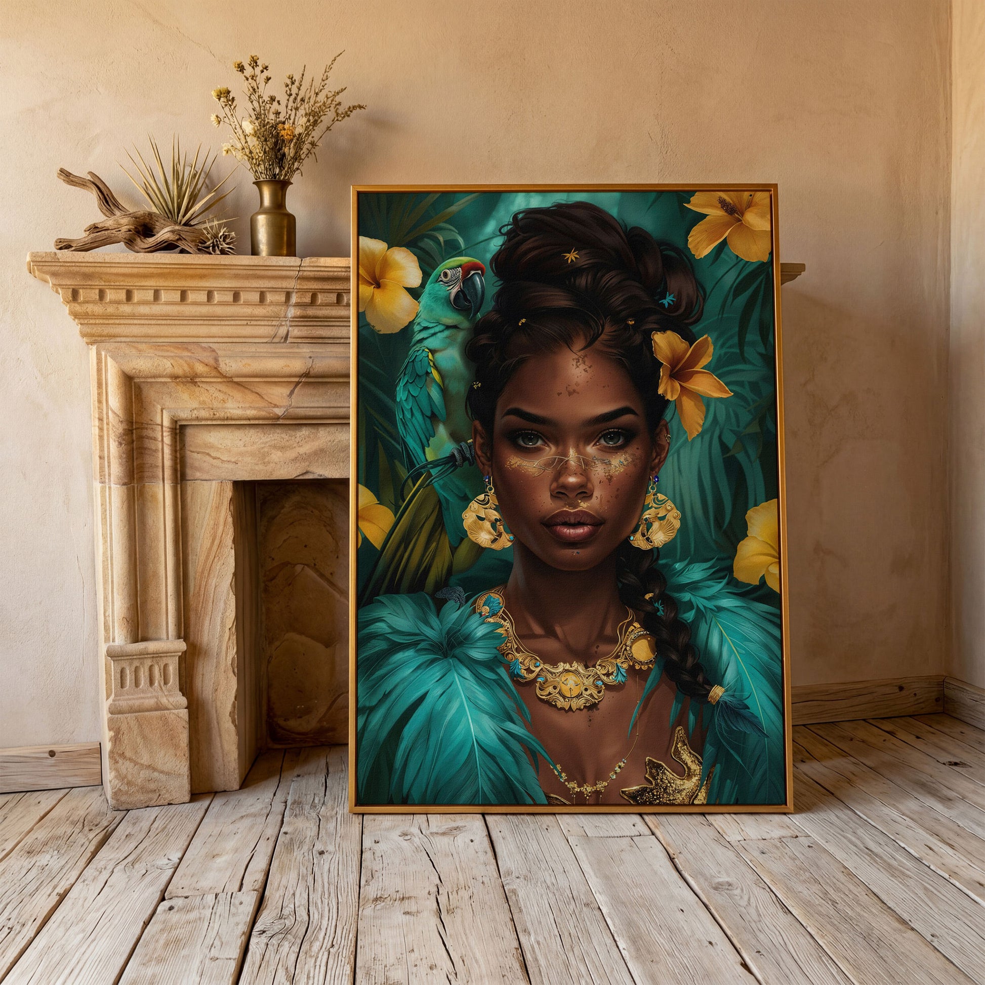 African Woman with Green Parrot, Tropical Floral Portrait Canvas in antique gold floating frame