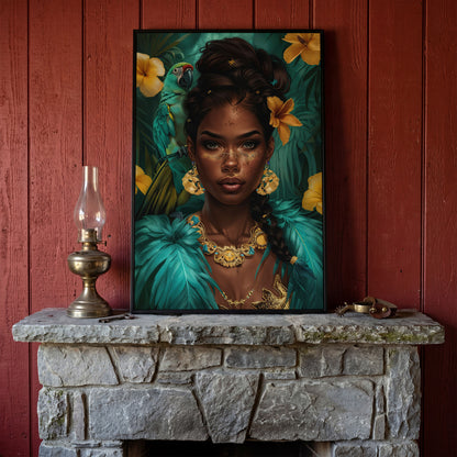 African Woman with Green Parrot, Tropical Floral Portrait Canvas in black floating frame