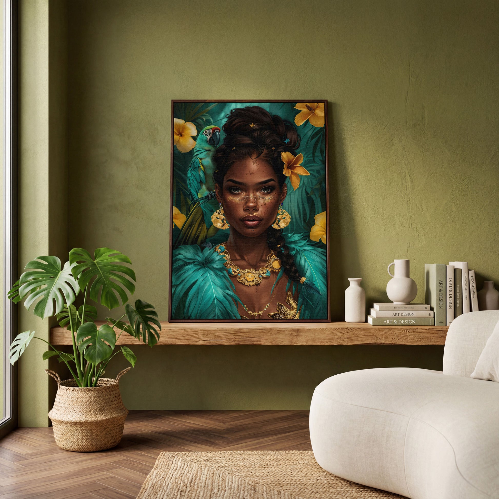 African Woman with Green Parrot, Tropical Floral Portrait Canvas in dark walnut floating frame