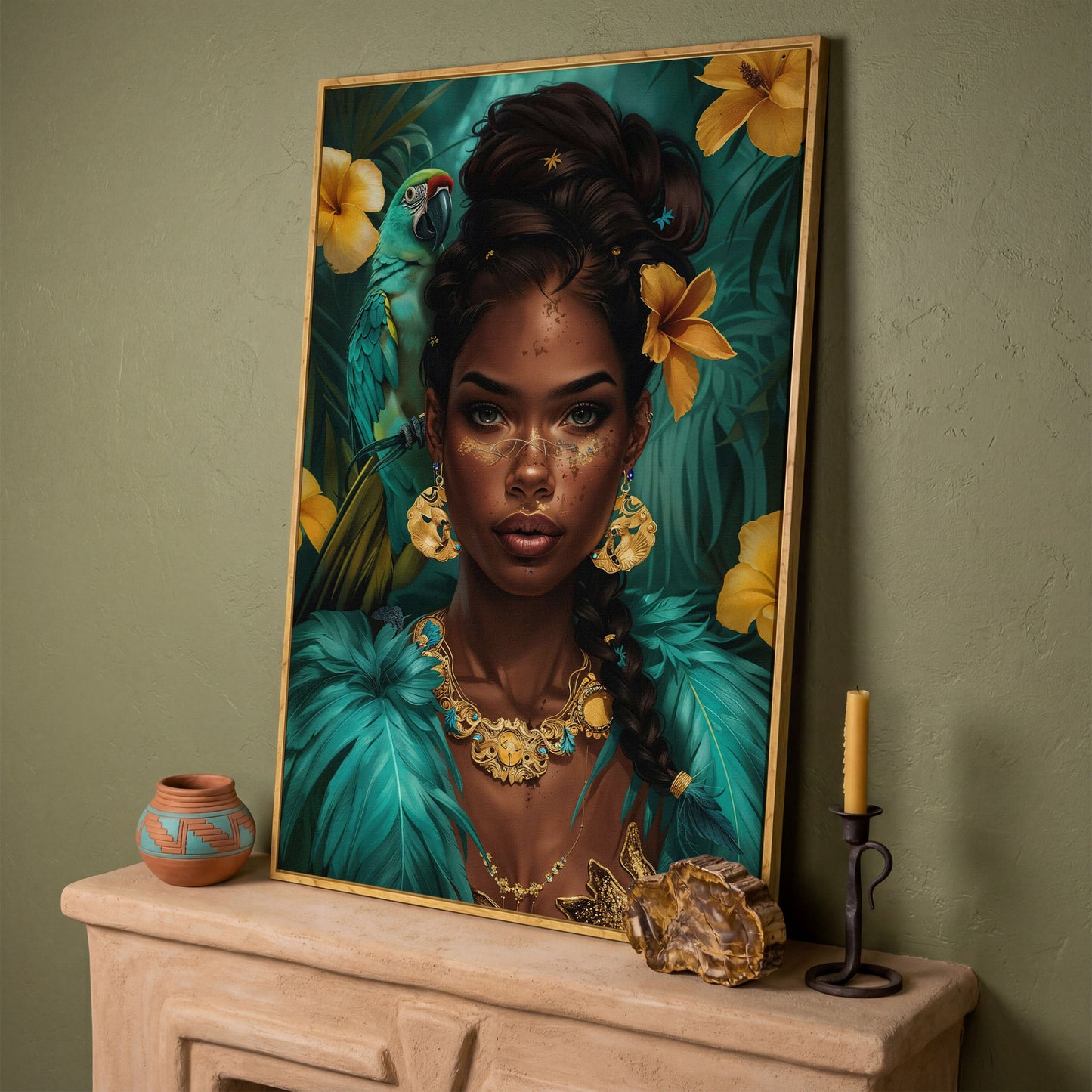 African Woman with Green Parrot, Tropical Floral Portrait Canvas in white oak floating frame